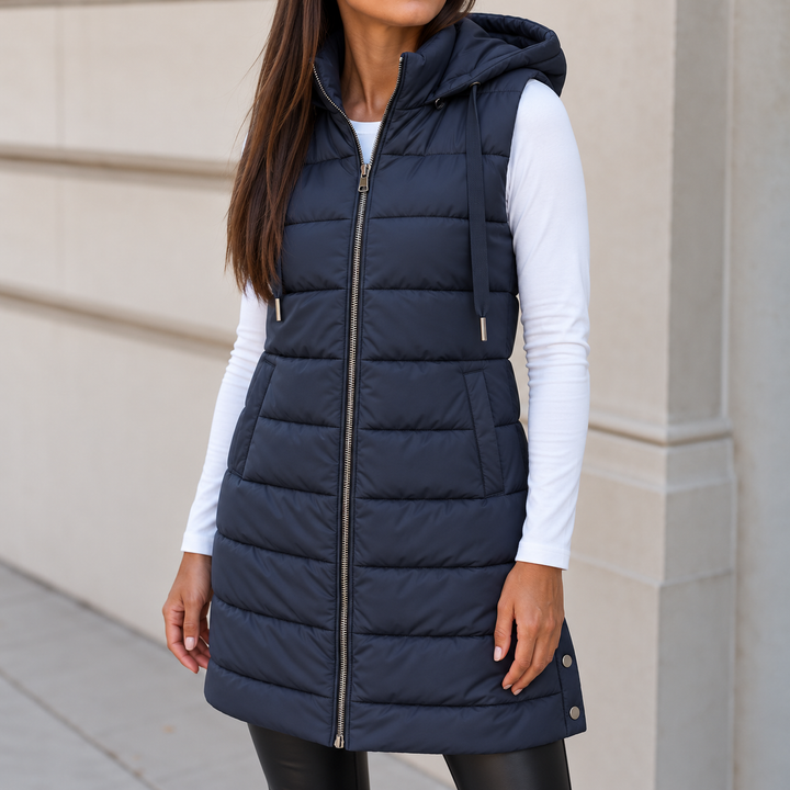 Merryn long hooded puffer gilet with snap hem – image 6