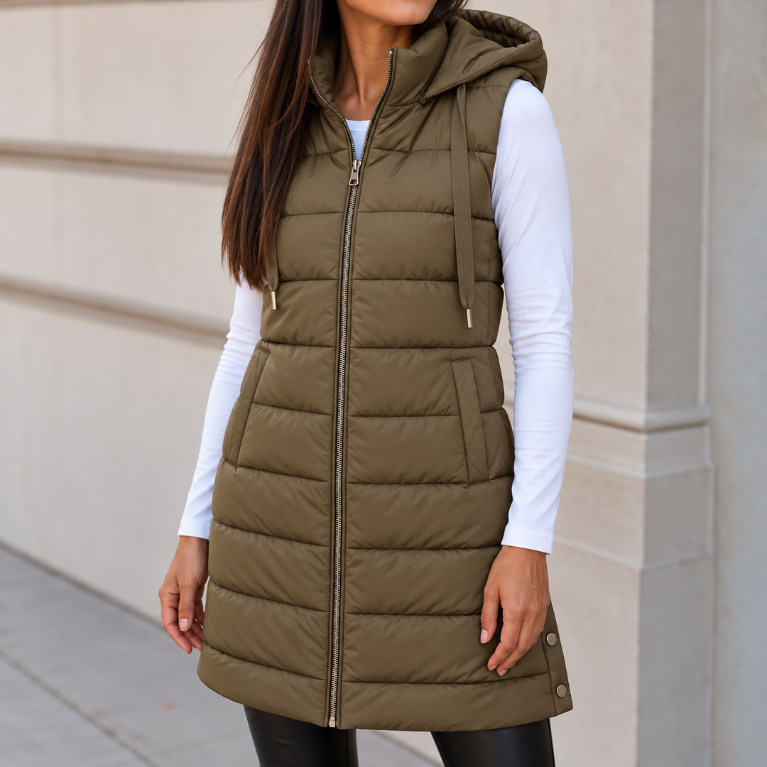Merryn long hooded puffer gilet with snap hem – image 7