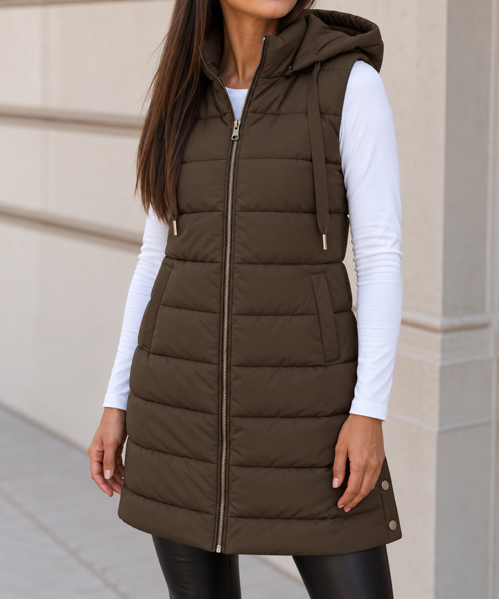 Merryn long hooded puffer gilet with snap hem – image 8