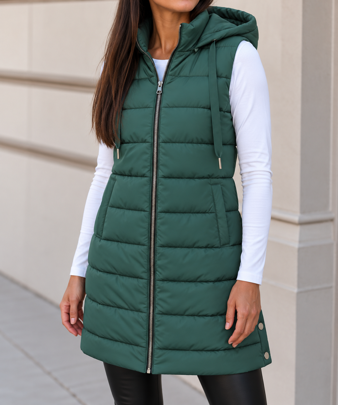 Merryn long hooded puffer gilet with snap hem – image 9