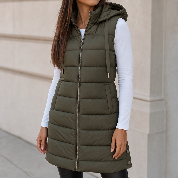 Merryn long hooded puffer gilet with snap hem