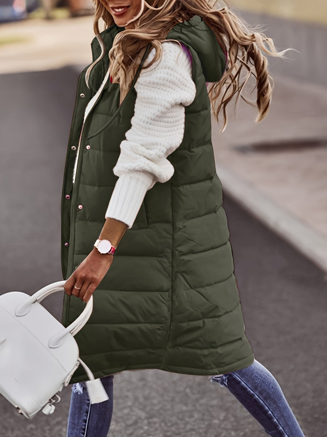 Tressa fitted long hooded gilet with snap buttons – image 11