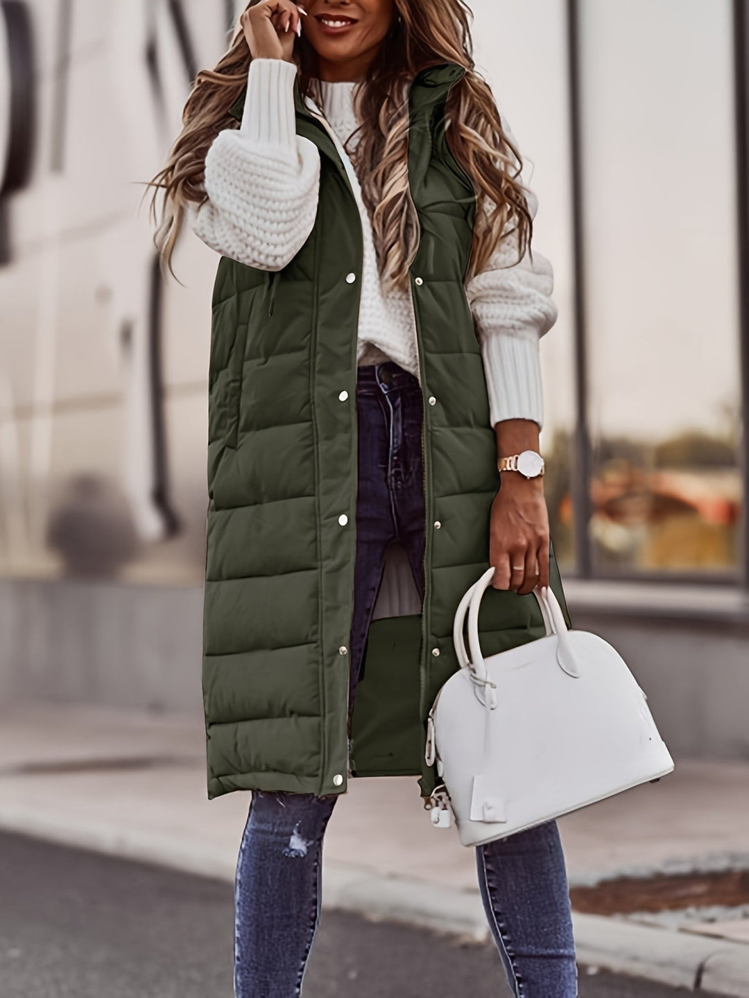 Tressa fitted long hooded gilet with snap buttons – image 5