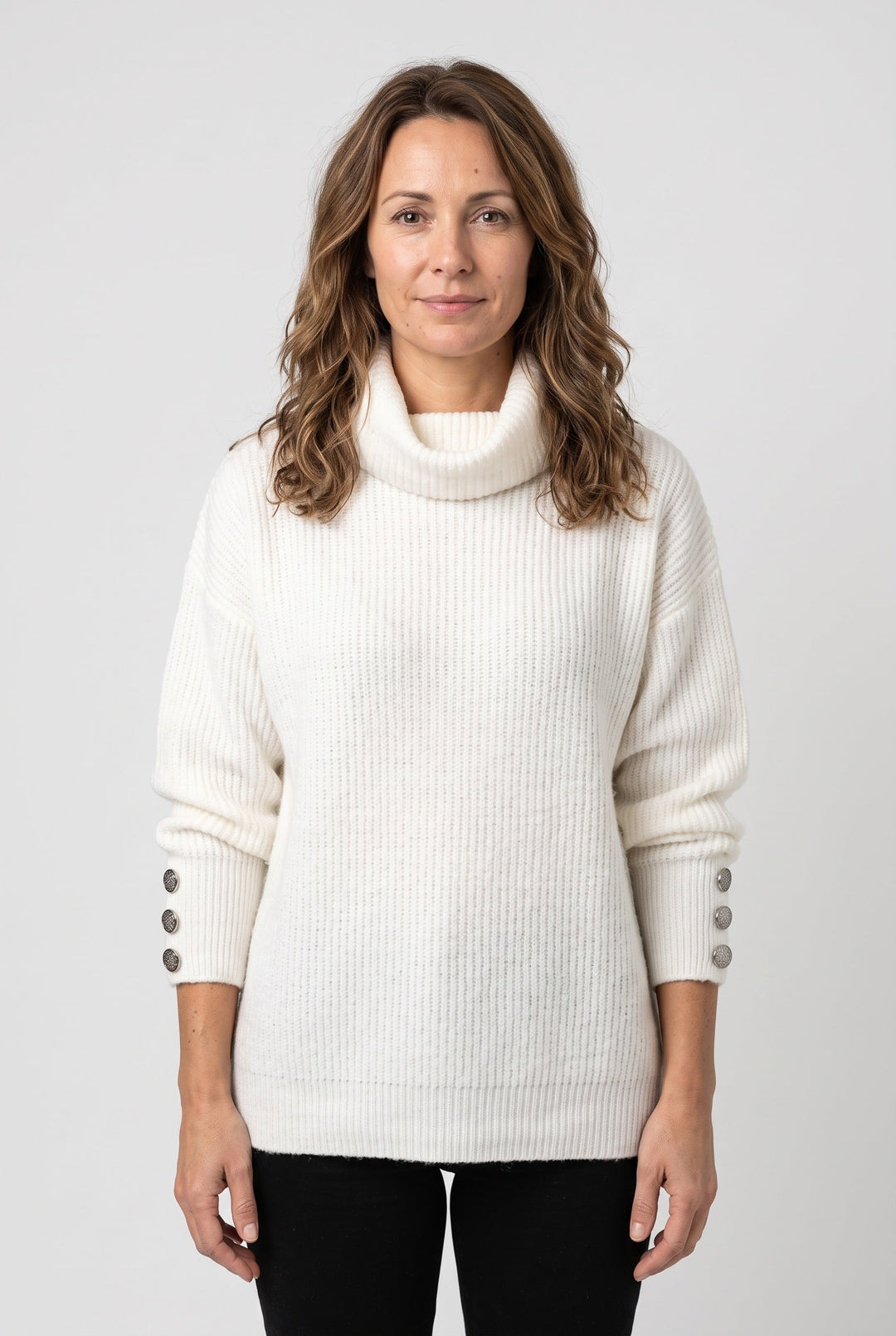 Dilys Elegant Ribbed Roll Neck Jumper with Button Cuffs