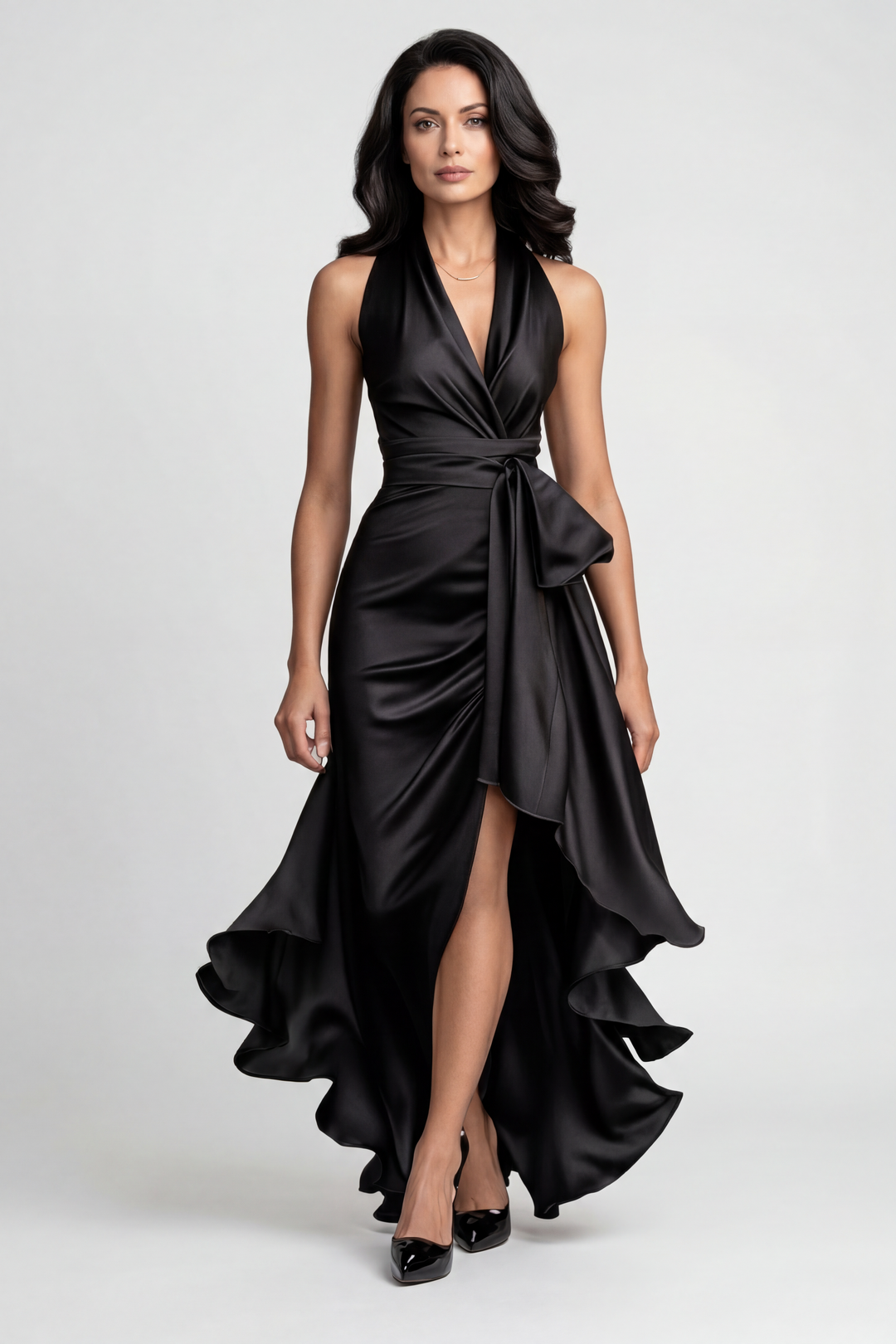 Evie Elegant Halter Neck Dress with High Low Ruffle Hem