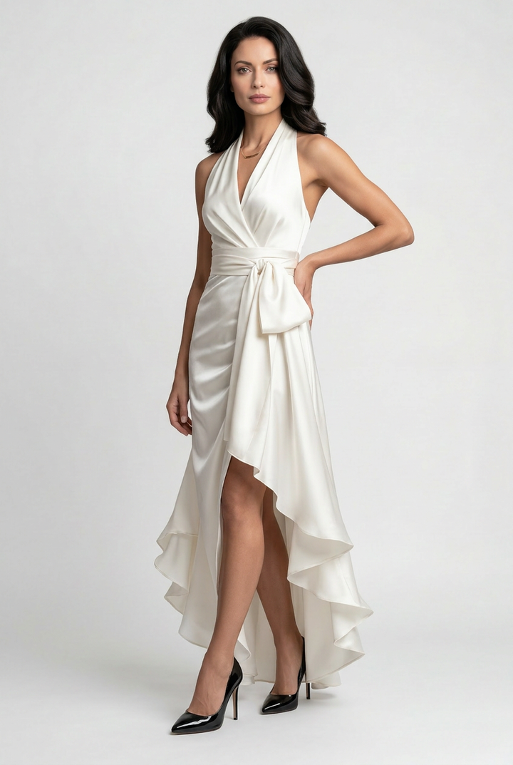 Evie Elegant Halter Neck Dress with High Low Ruffle Hem - image 9