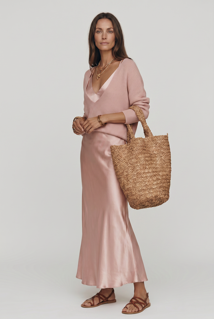 Oda satin maxi dress with knit jumper – image 5