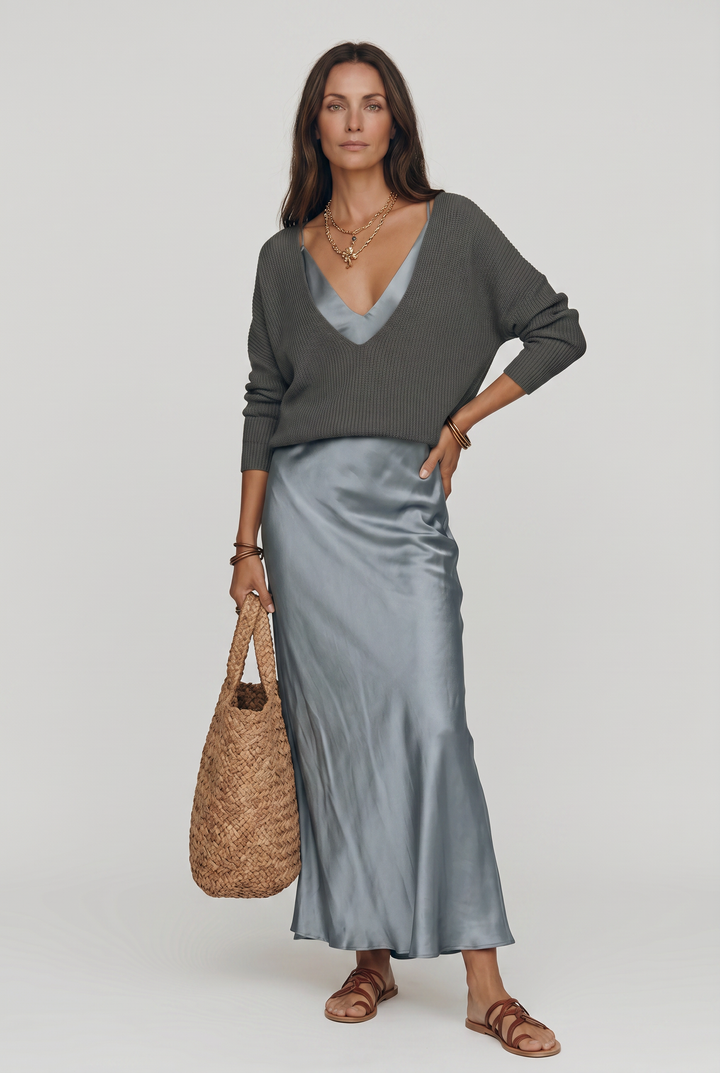 Oda satin maxi dress with knit jumper – image 6
