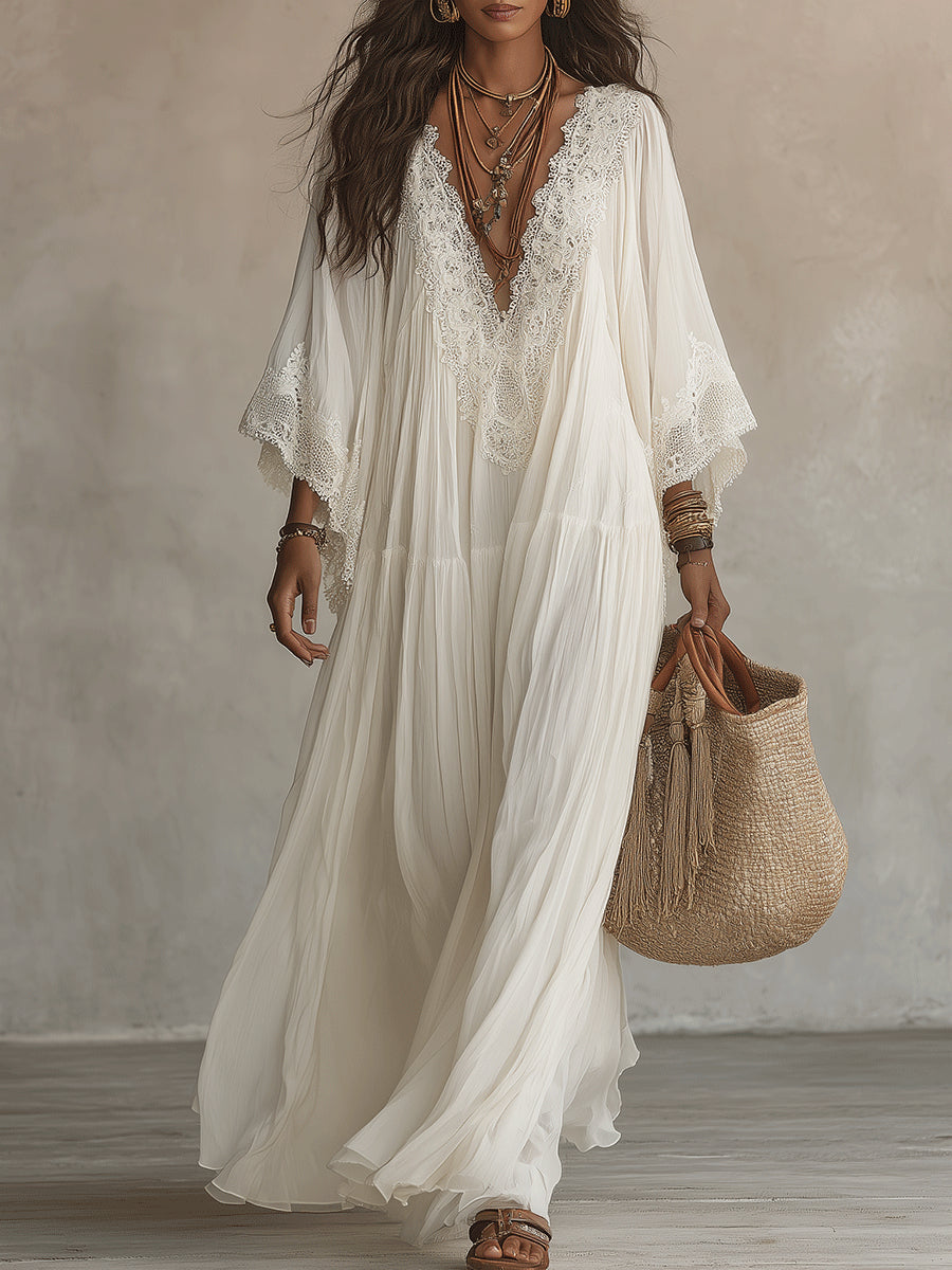 Ffion Elegant V Neck Maxi Dress with Lace Trim - image 2