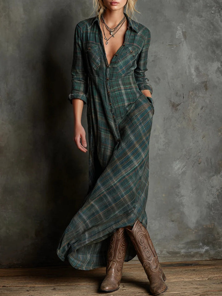 Valentina check maxi dress with pockets in green