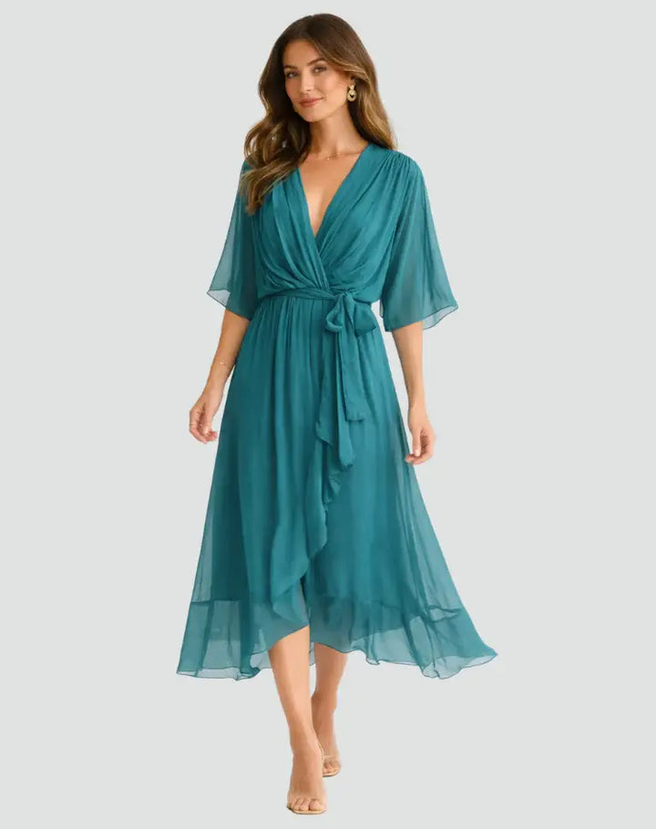 Elfrid wrap v neck midi wedding guest dress – image 8