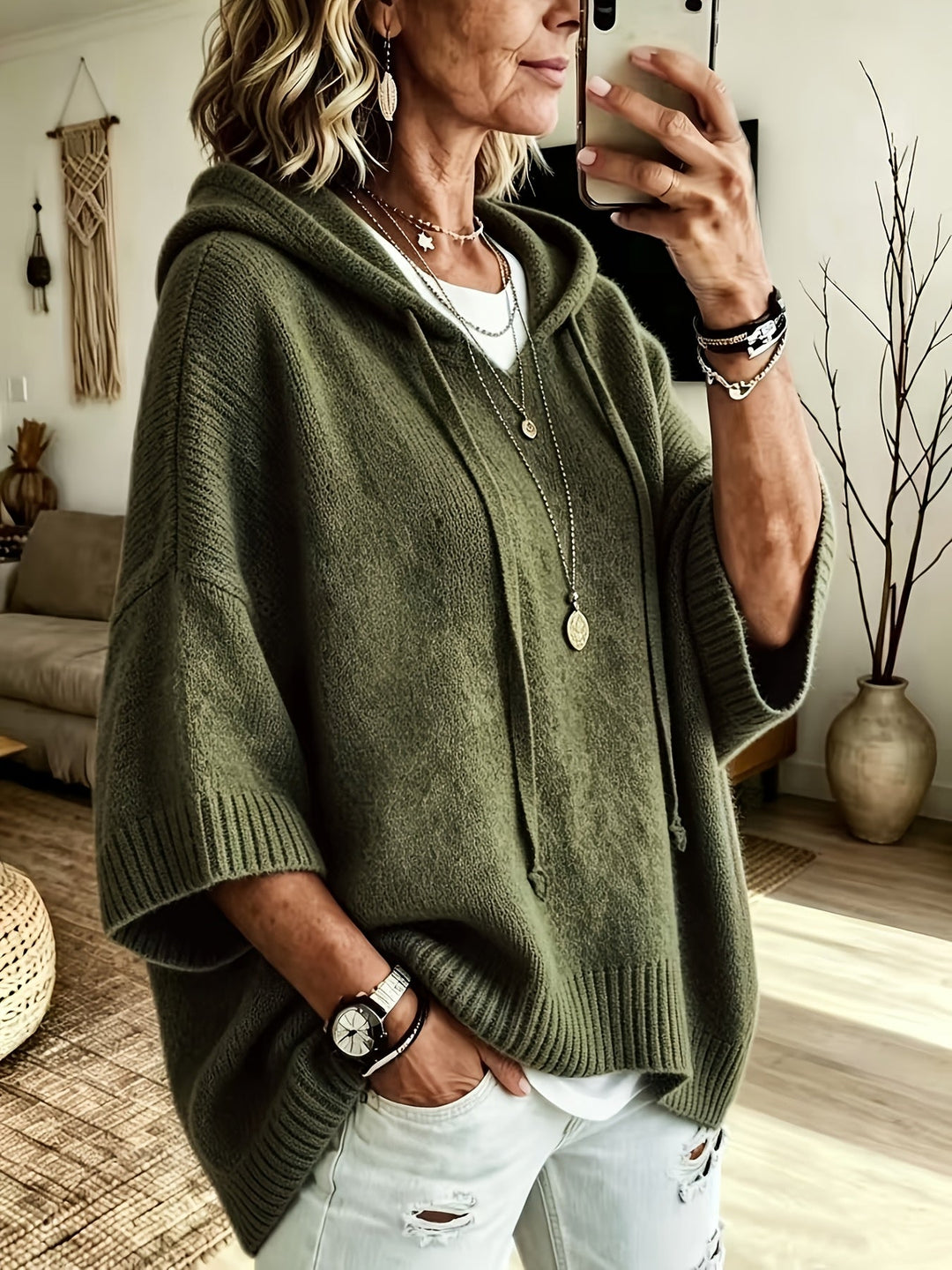 Hillevi oversized hooded batwing knitted jumper – image 3