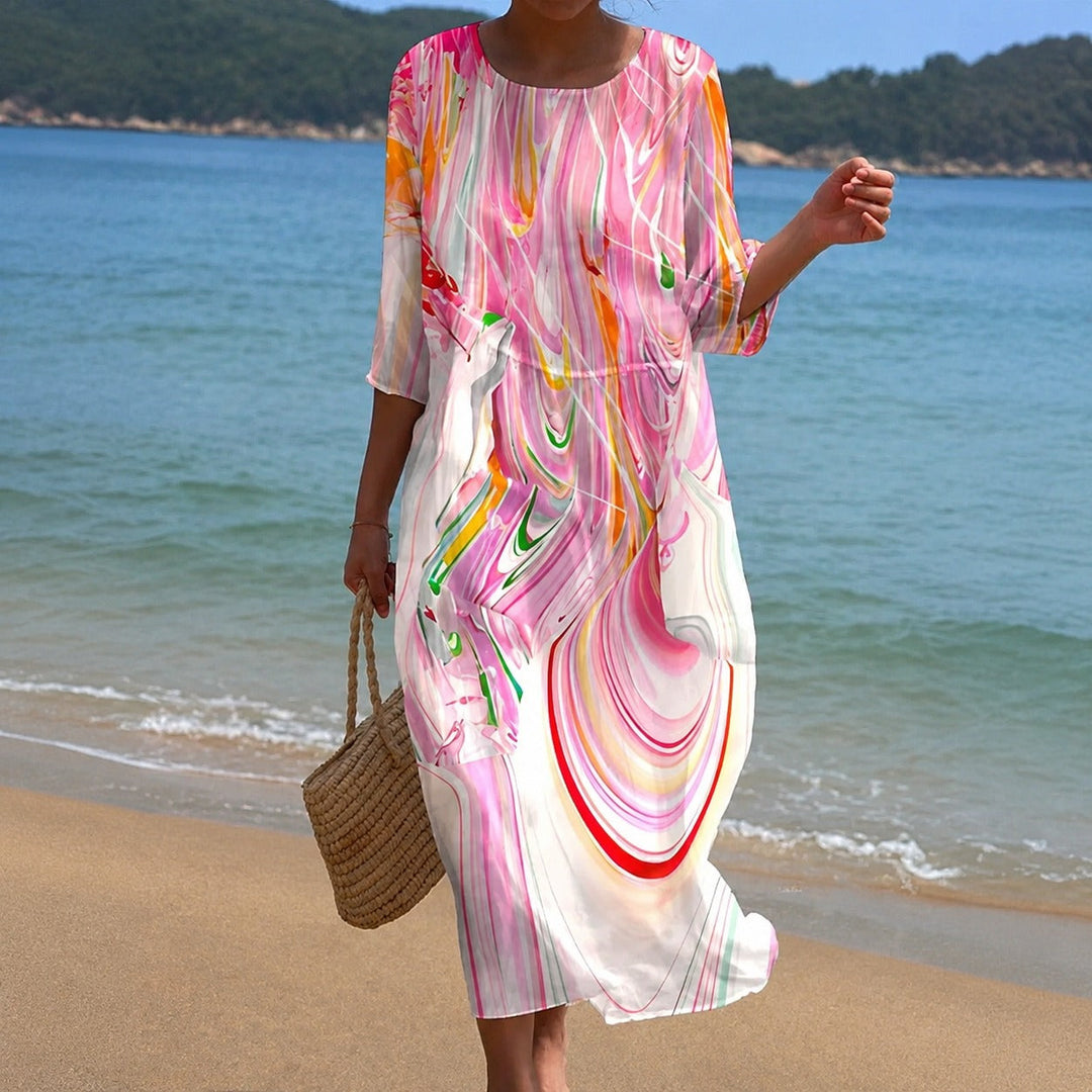 Yara flowing midi dress in white and pink