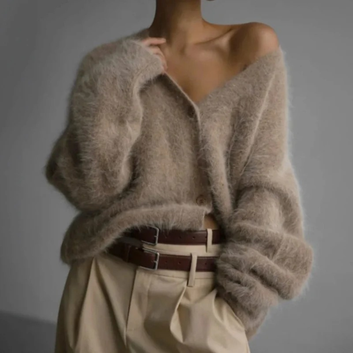 Alicia fluffy knit cardigan, side view