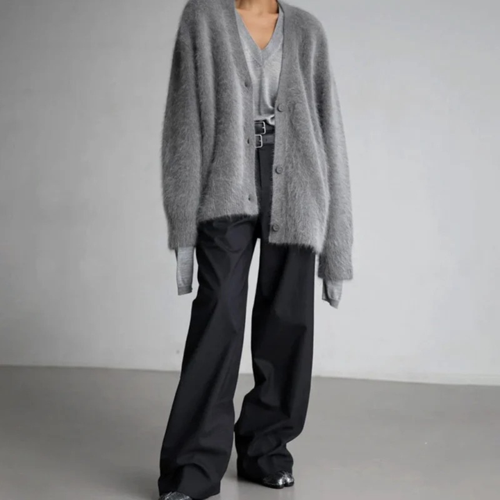 Alicia fluffy knit cardigan, back view