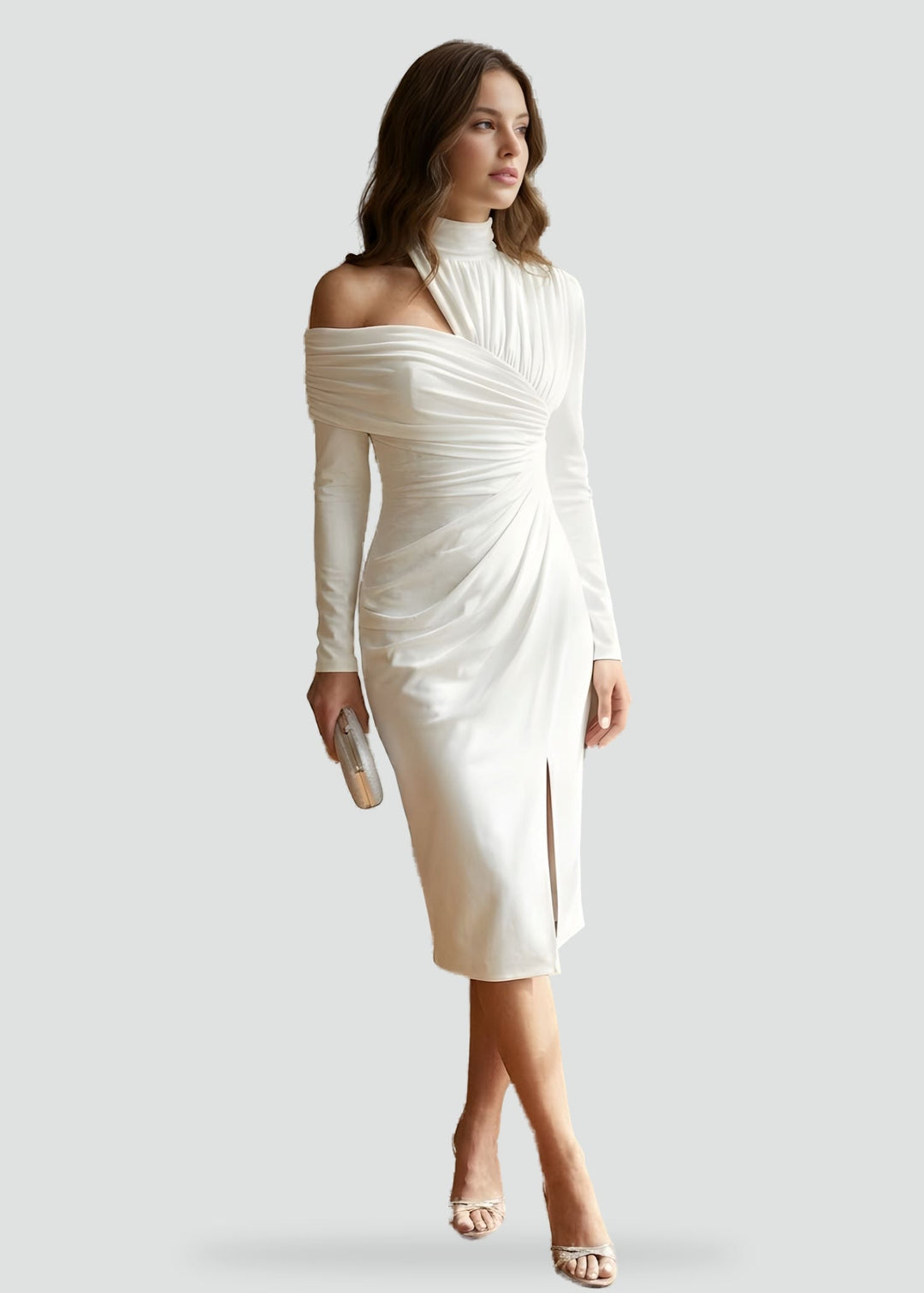 Ophelia one shoulder draped midi dress, front view