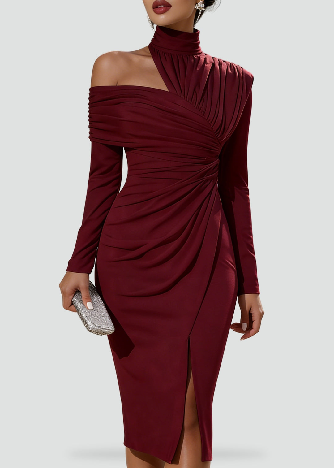 Ophelia one shoulder draped midi dress in burgundy