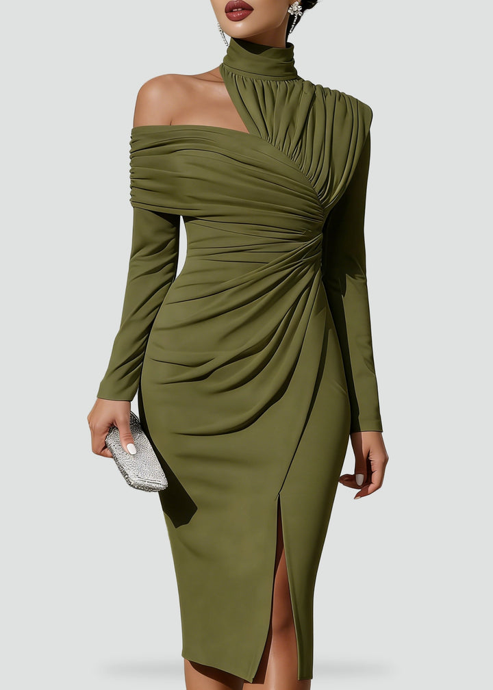 Ophelia one shoulder draped midi dress in olive
