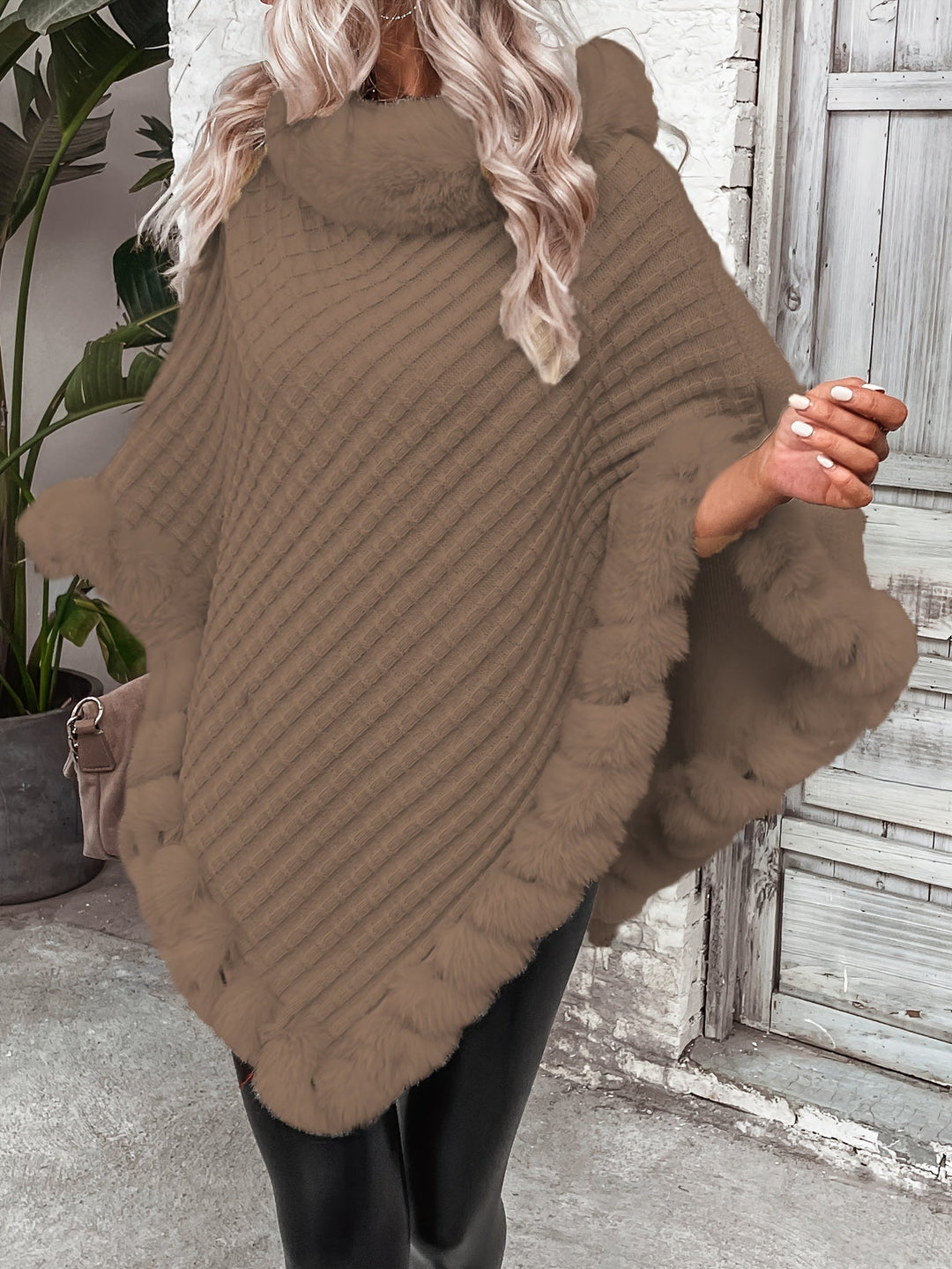Fenella roll neck knit poncho with faux fur trim – image 8
