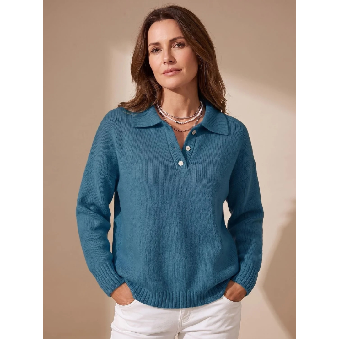 Hilde collared jumper with buttons in peacock blue