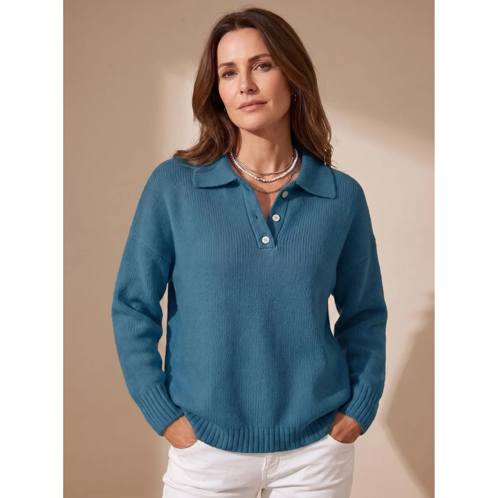 Hilde collared jumper with buttons in peacock blue