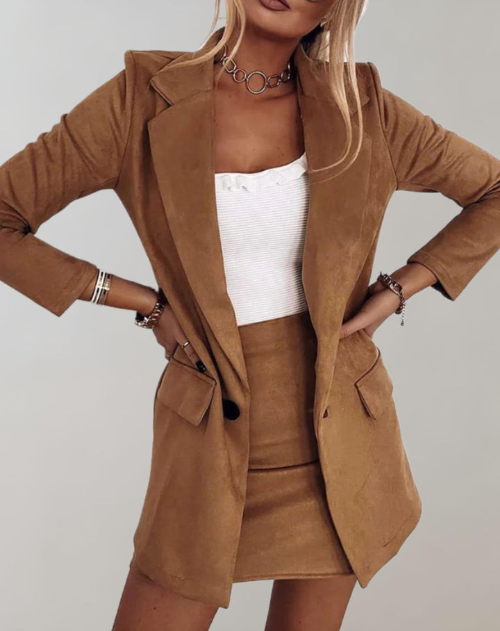 Brielle blazer and mini skirt set in brown