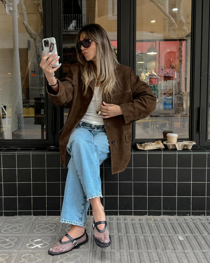 Tamara brown suede look utility jacket, close up