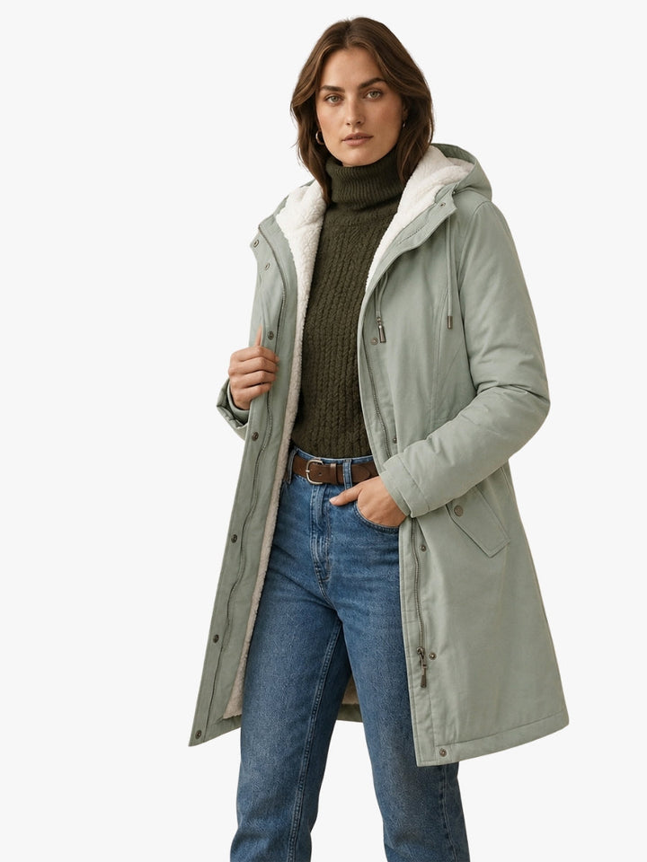 Signe longline fleece lined parka, front view