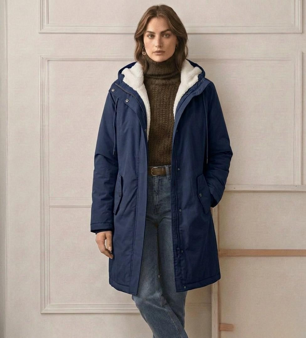 Signe longline fleece lined parka, close up
