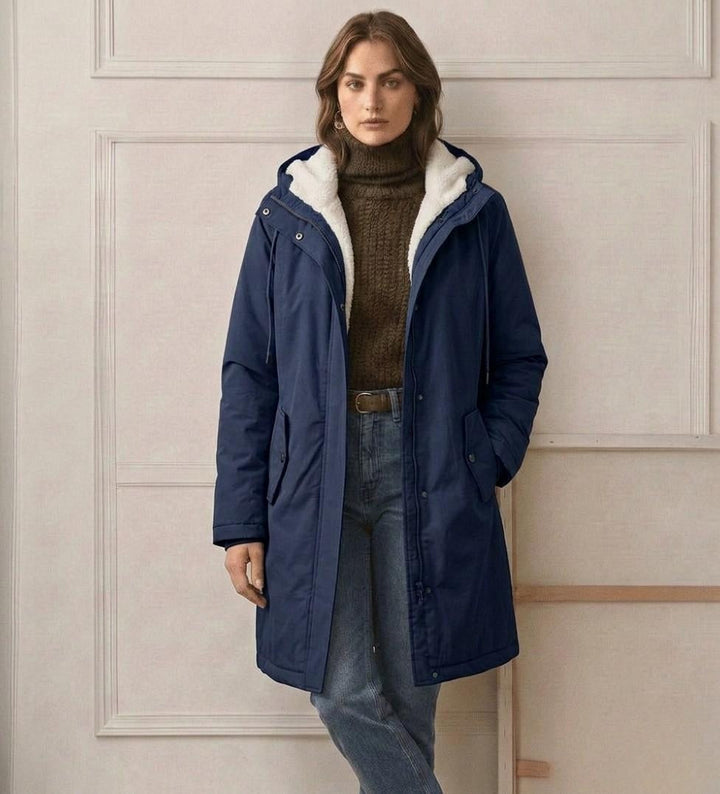 Signe longline fleece lined parka, close up