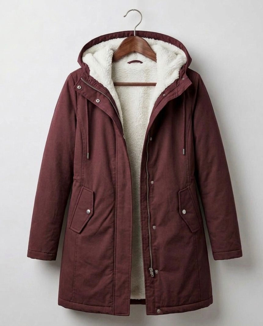 Signe longline fleece lined parka in burgundy