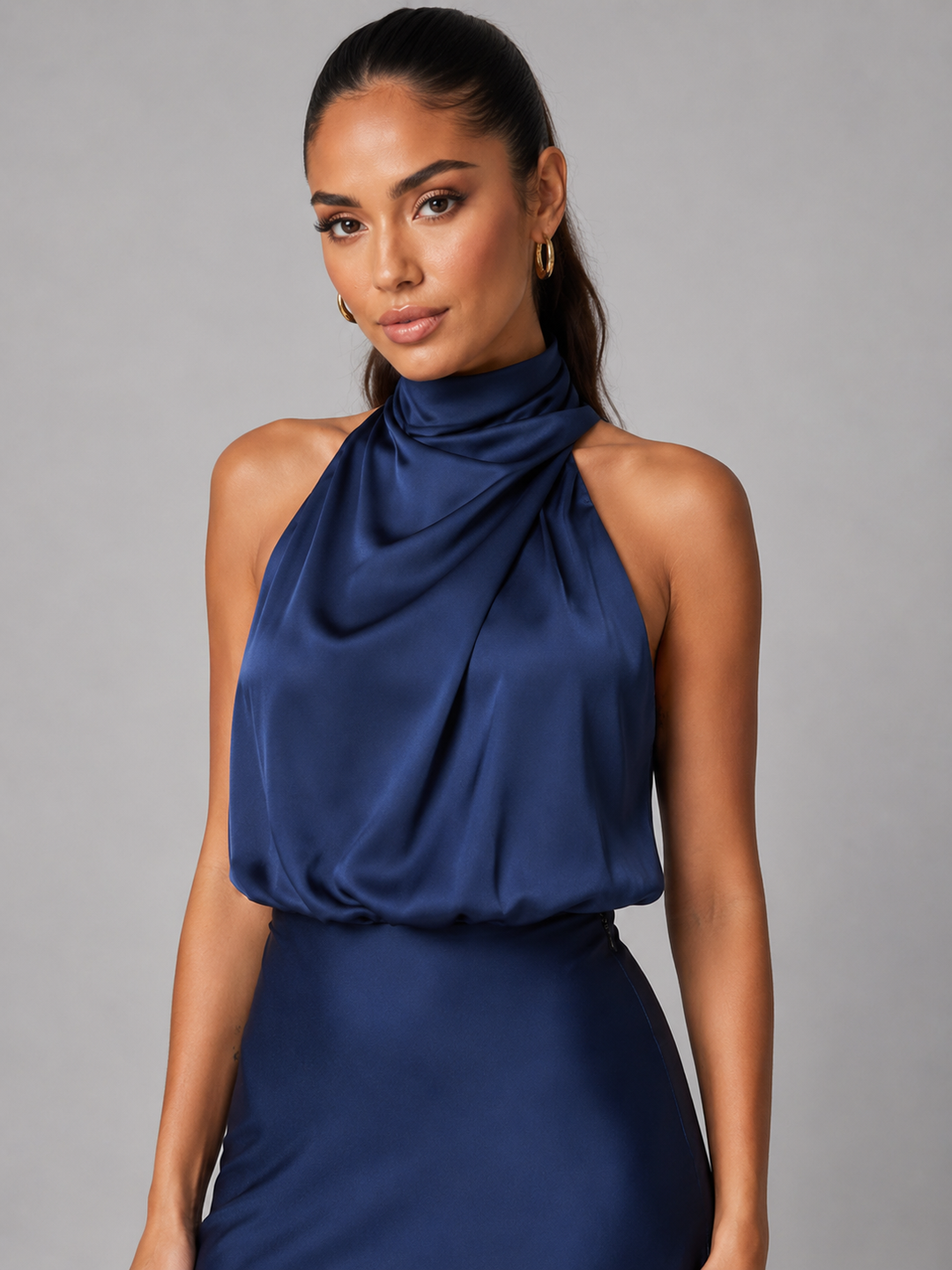 Violetta Elegant Satin High Neck Midi Dress - image 2