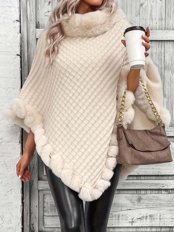 Fenella roll neck knit poncho with faux fur trim