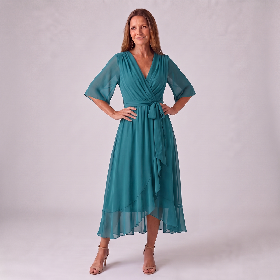 Elfrid wrap v neck midi wedding guest dress – image 10