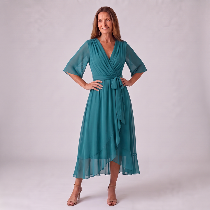 Elfrid wrap v neck midi wedding guest dress – image 10