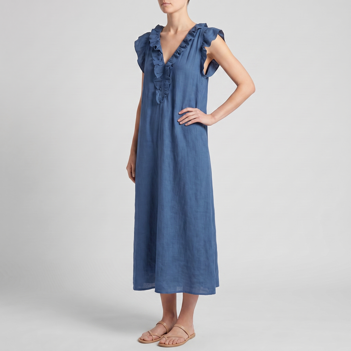Delphine Ruffle V-Neck Midi Dress
