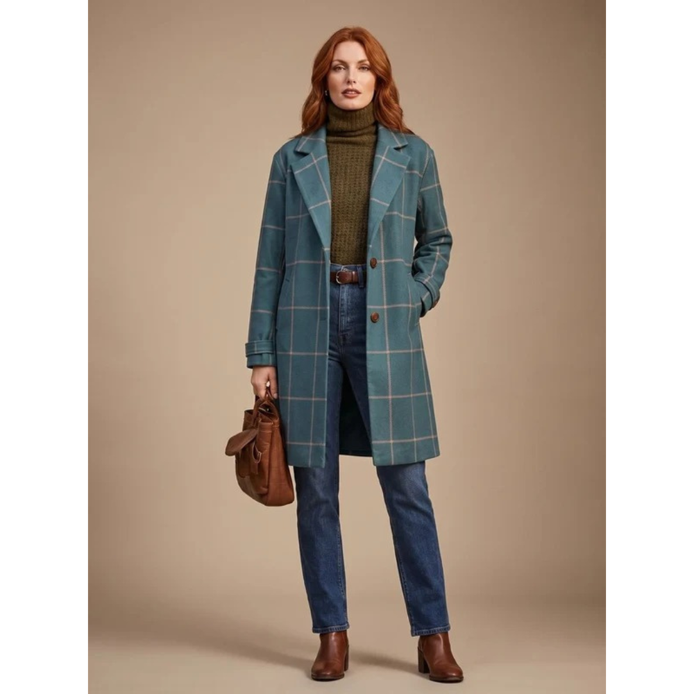 Ikra dark green checked winter coat, front view