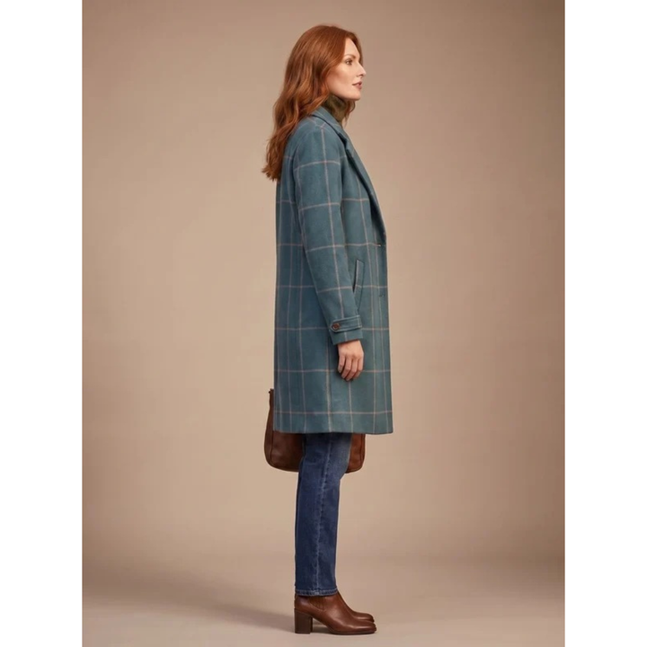 Ikra dark green checked winter coat, back view
