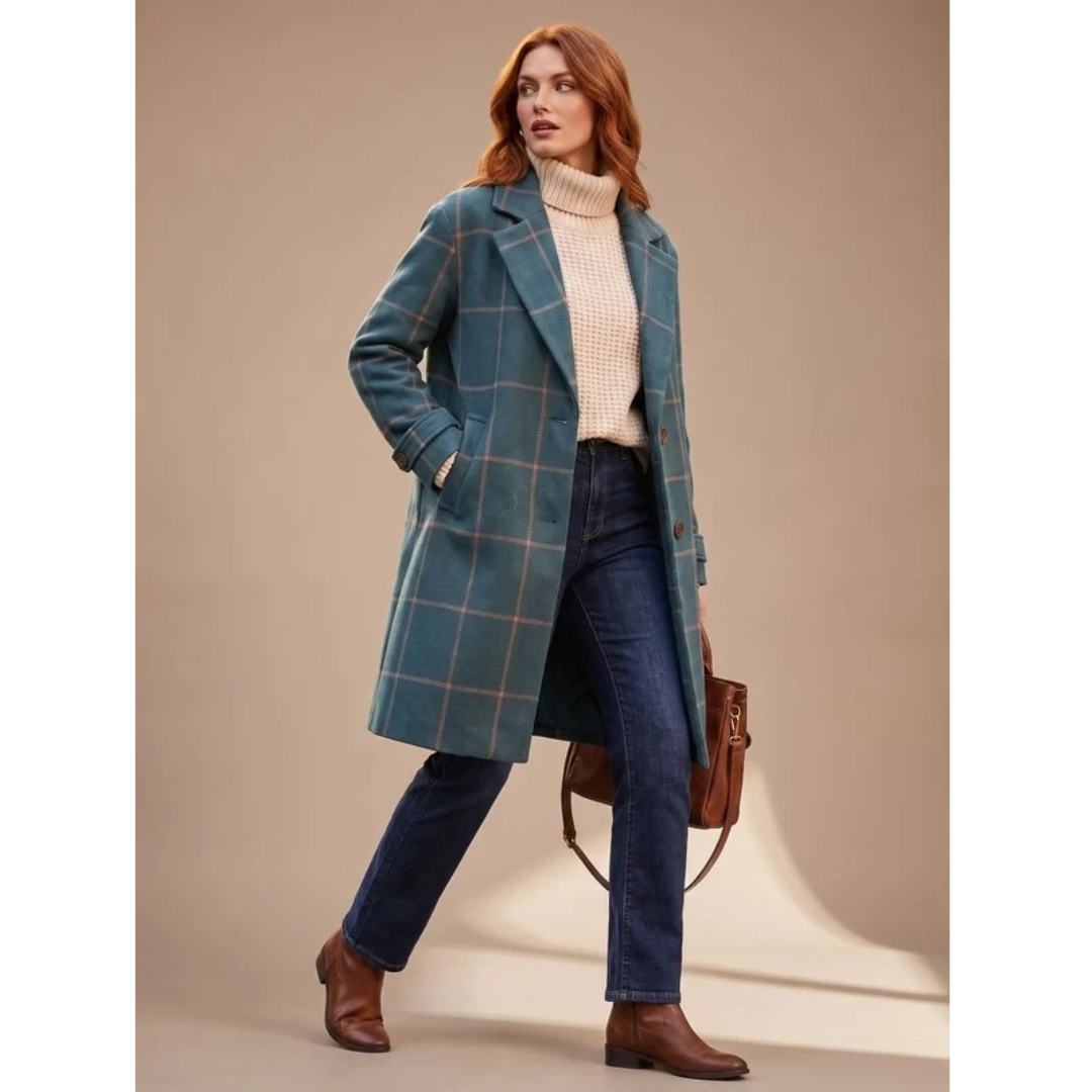 Ikra dark green checked winter coat, side view
