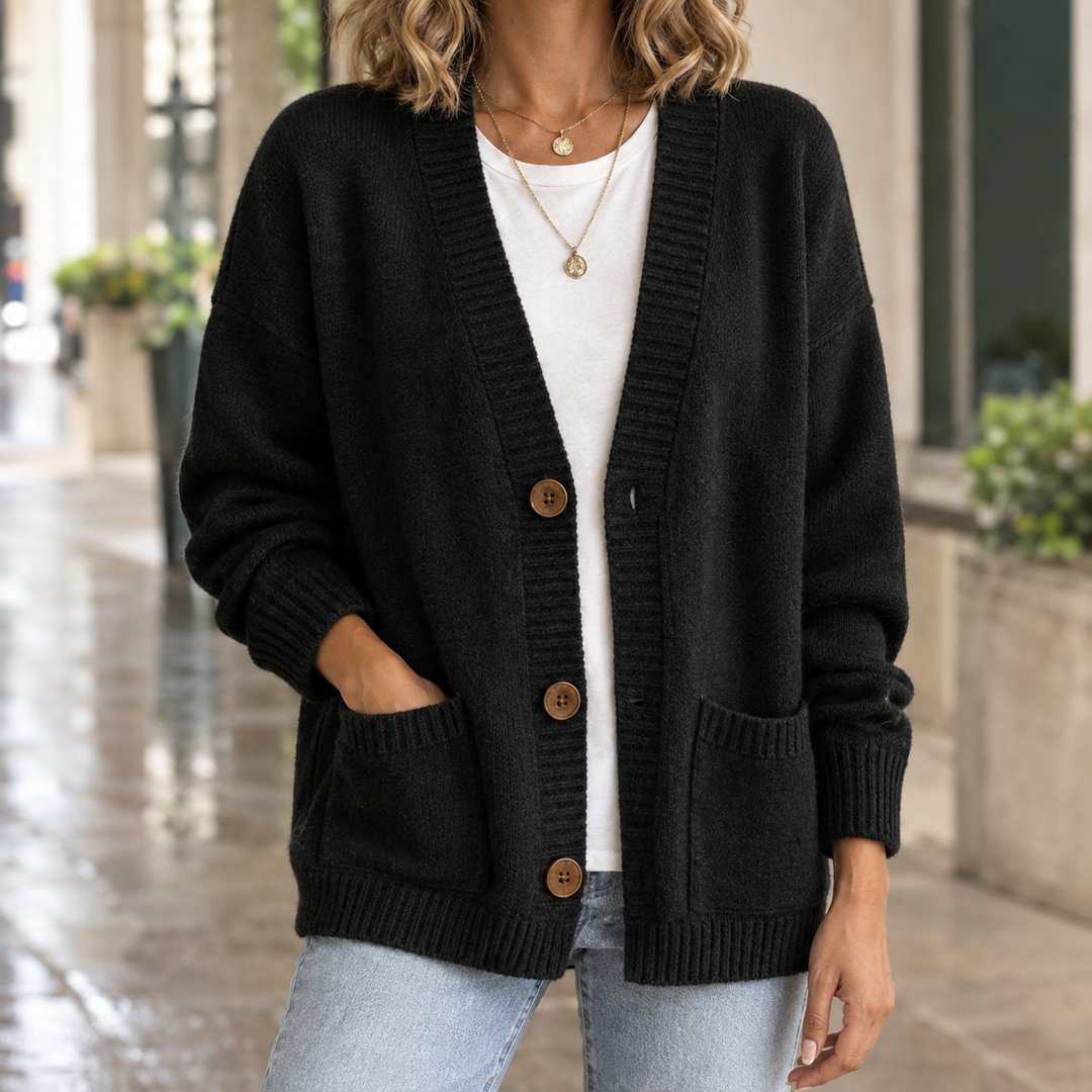 Inez relaxed v neck button cardigan with patch pockets
