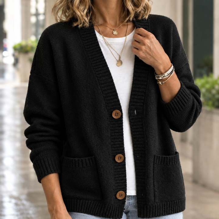 Inez relaxed v neck button cardigan with patch pockets – image 2