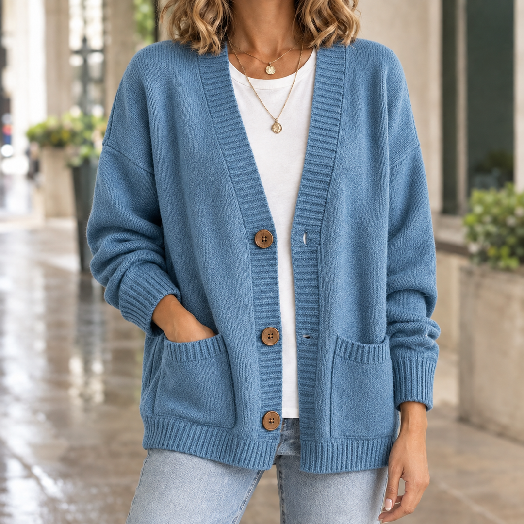 Inez relaxed v neck button cardigan with patch pockets – image 3