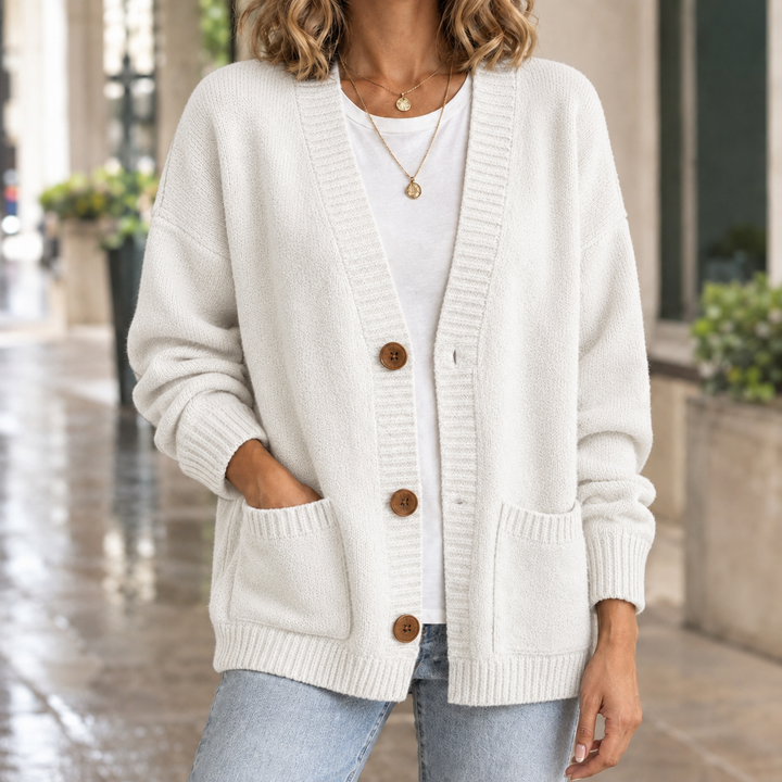 Inez relaxed v neck button cardigan with patch pockets – image 4