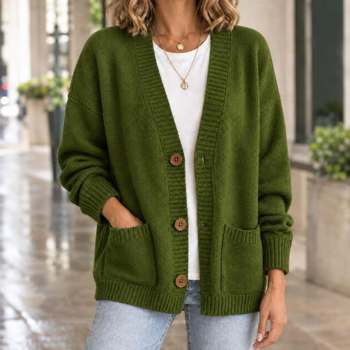 Inez relaxed v neck button cardigan with patch pockets – image 6