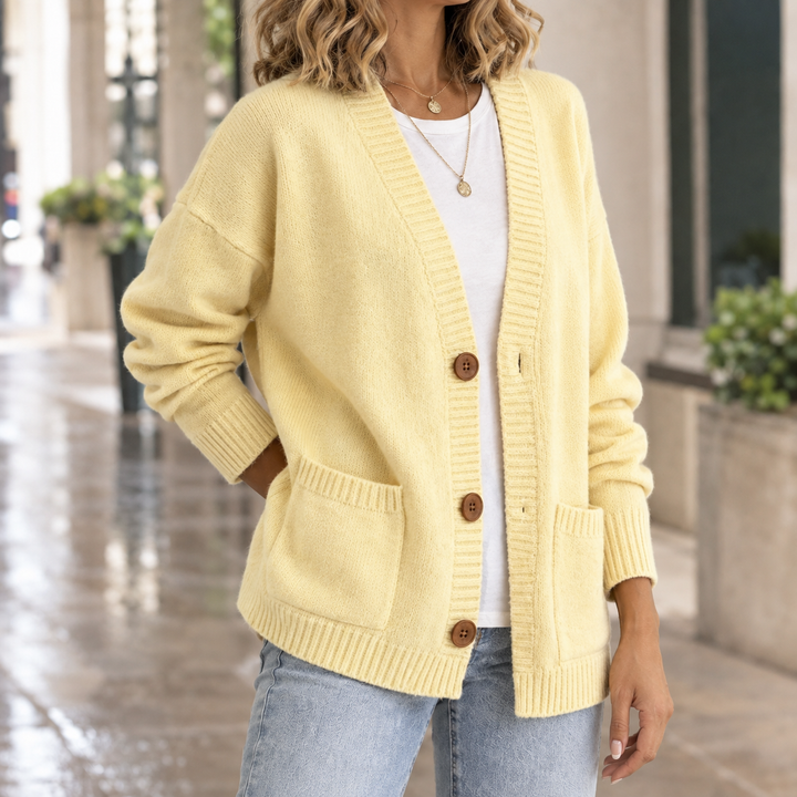 Inez relaxed v neck button cardigan with patch pockets – image 7