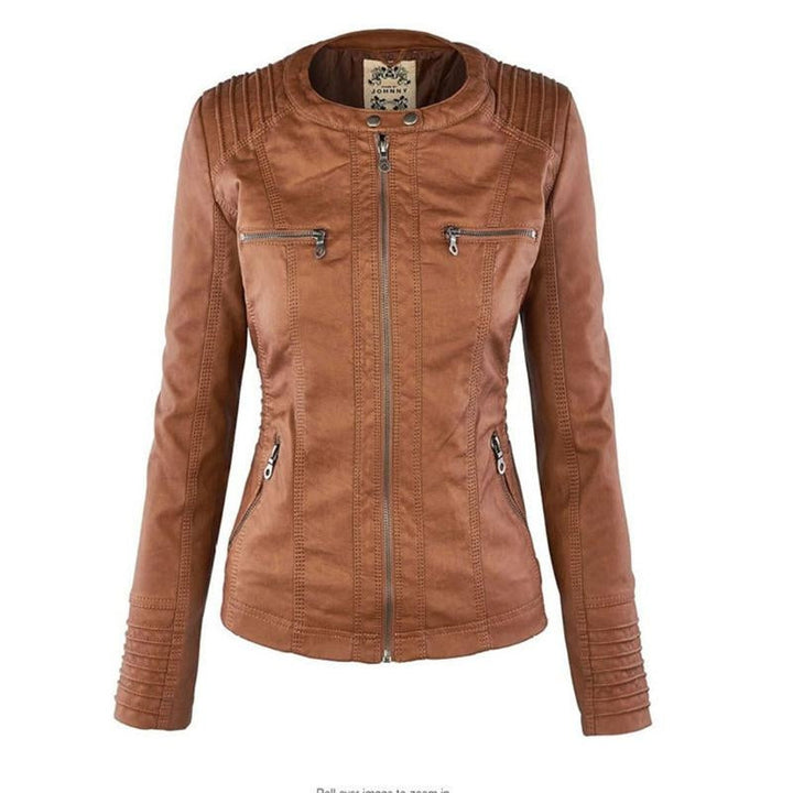 Odessa hooded faux leather jacket, back view
