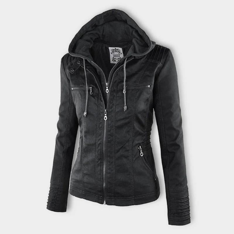 Odessa hooded faux leather jacket, close up