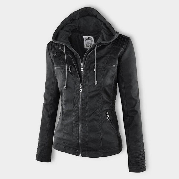Odessa hooded faux leather jacket, close up