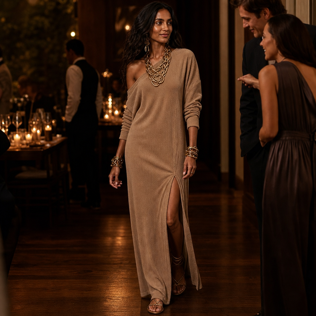 Seren Elegant One Shoulder Ribbed Maxi Dress with Thigh Slit - image 3