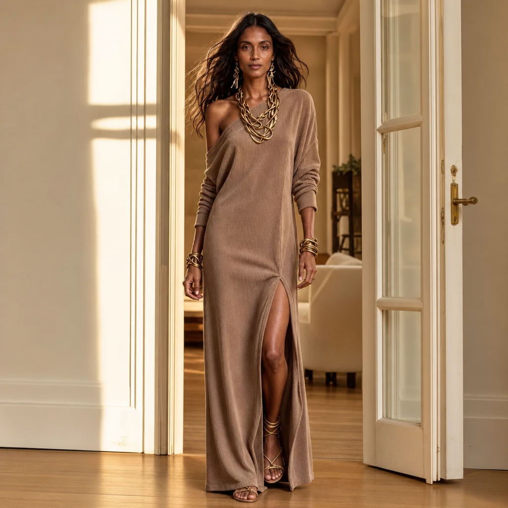 Seren Elegant One Shoulder Ribbed Maxi Dress with Thigh Slit - image 4